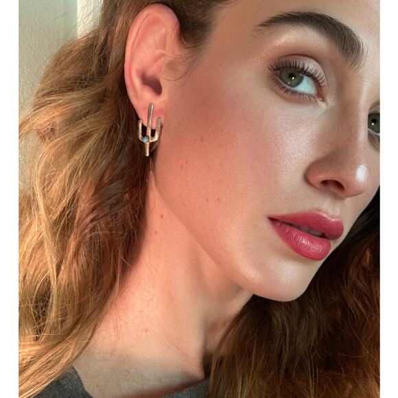 Silver & Turquoise Earrings Tiny Cactus Saguaro Pierced ~ Desert Love - Picture 1 of 7